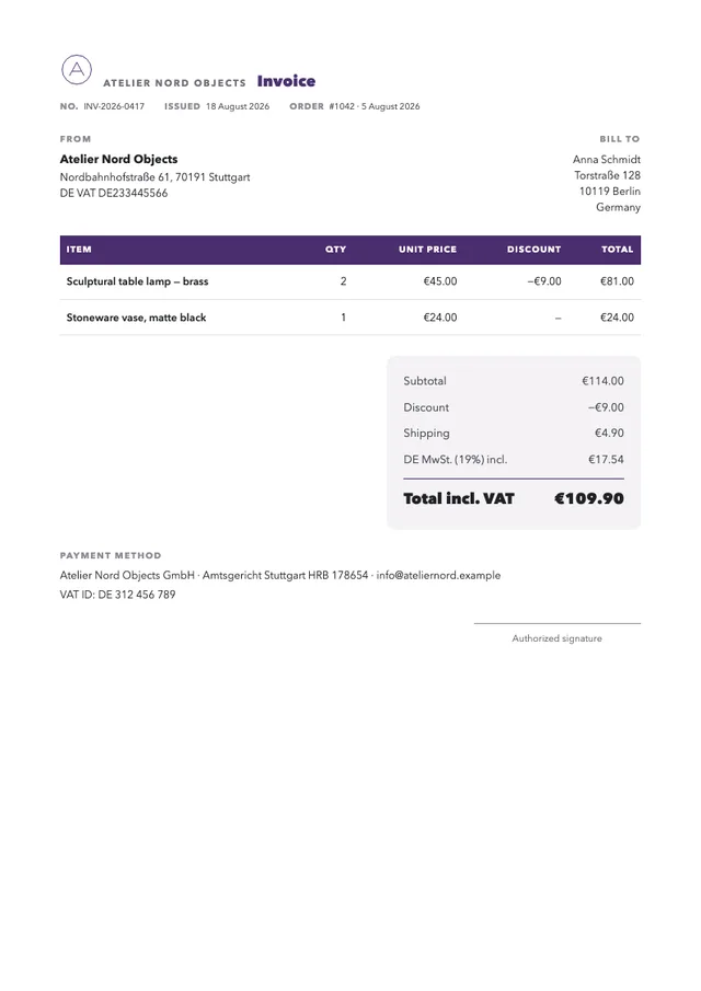 Atelier Nord invoice template