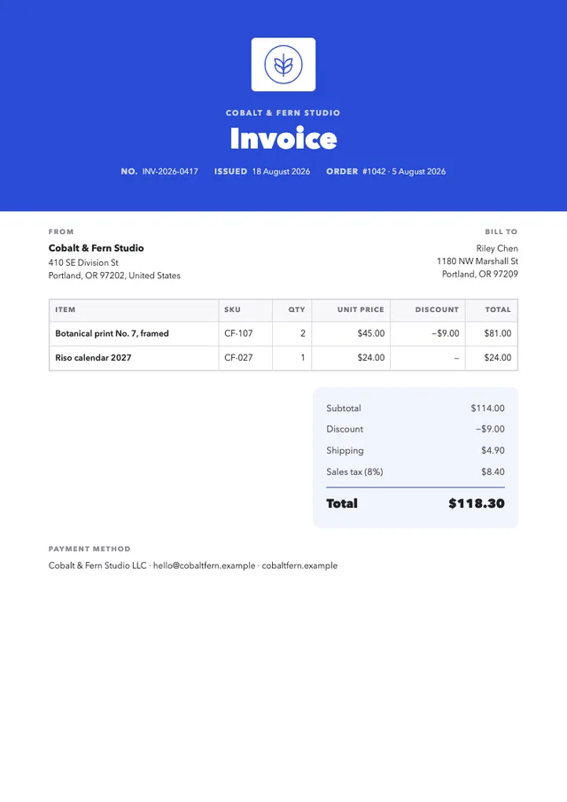 Cobalt & Fern invoice template